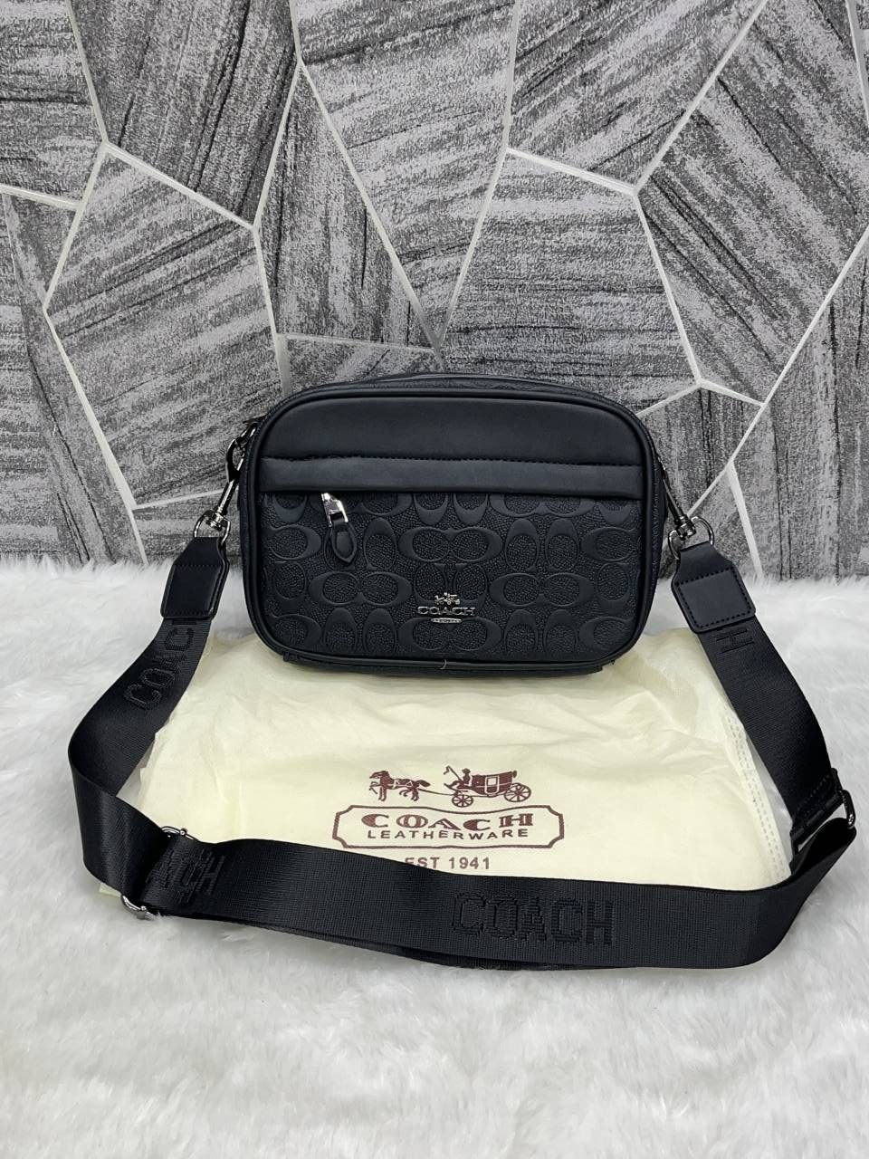 Coach_Black_Emboss_Leather_Unisex_Crossbody_Bag_With_DustCover