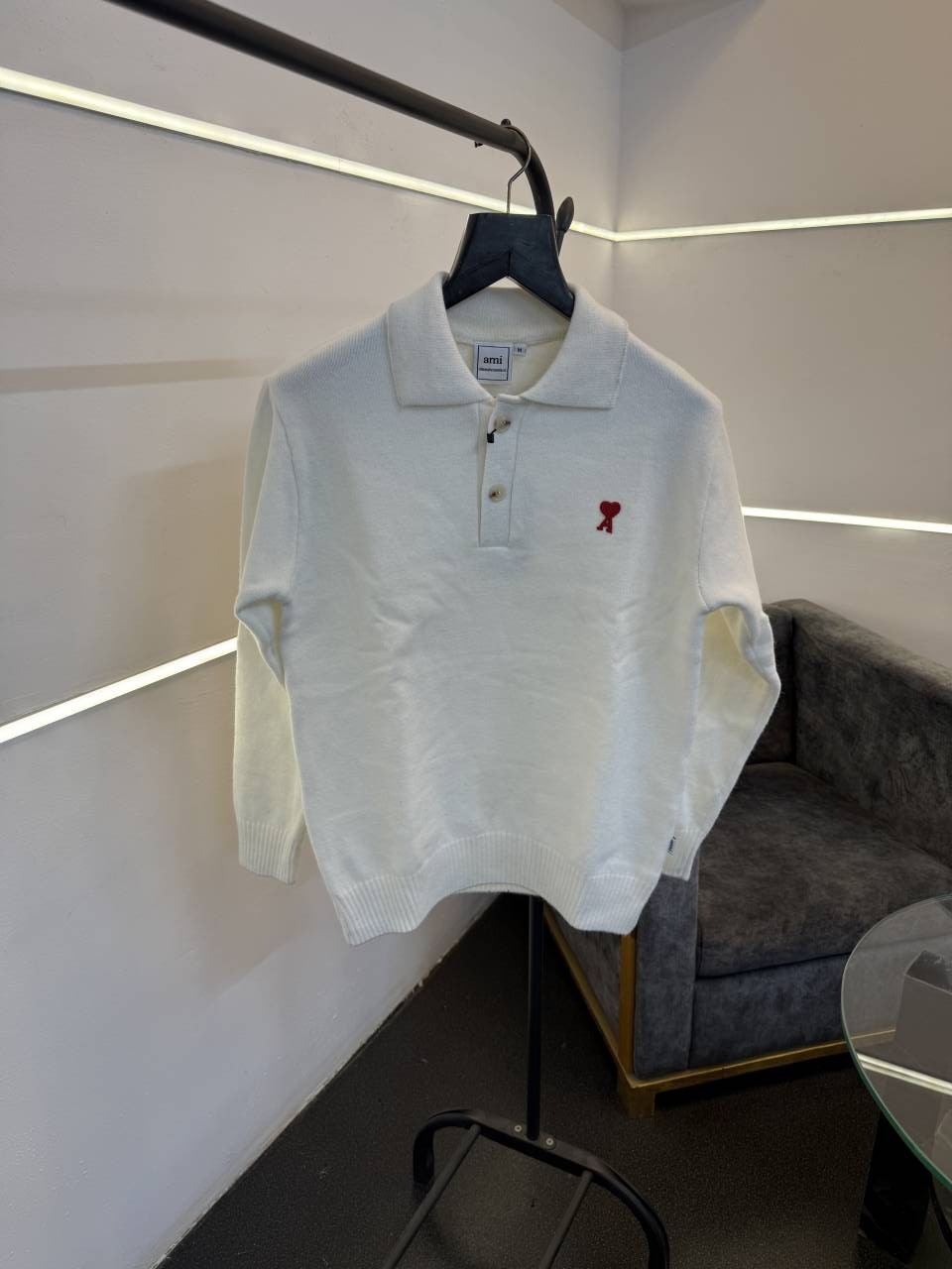 Ami imported knitted collared sweatshirt with brand button white