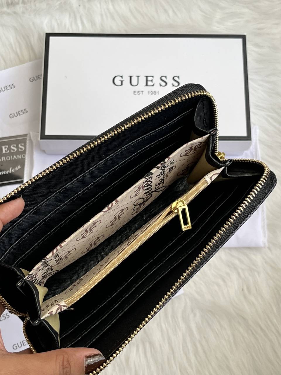 Guess 001 Gray Long Zippy Wallet With Original Box Dust Cover Card & Brand Packaging