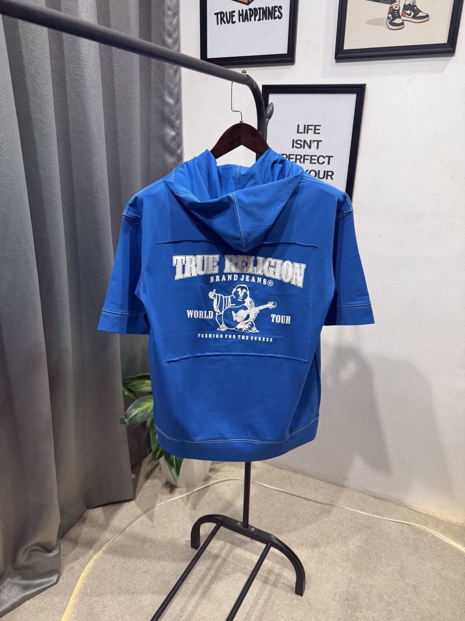 True religion drop shoulder hooded imported tshirt blue