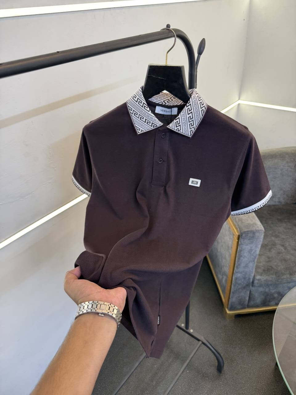 Versace wine imported polo tshirt with brand buttons and knitted collar with sleeves