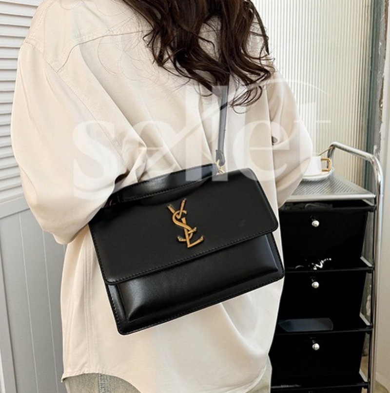 YSL Saint Laurent Sunset Premium Shoulder Bag With OG Double Magnetic Box & Dust Bag (Black - Gold - 936)