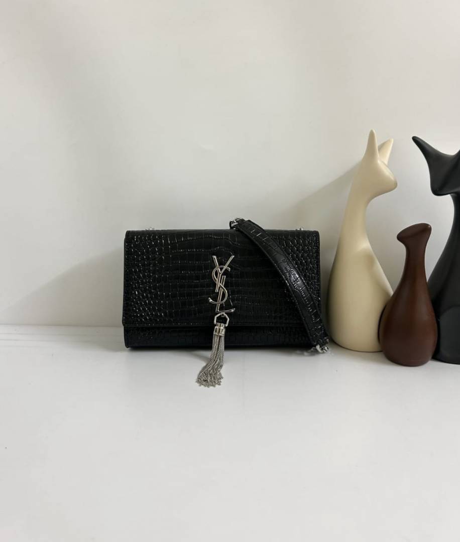 Ysl Kate Tassel Croccskin Black Silver ShoulderBag With DoubleBox Packing