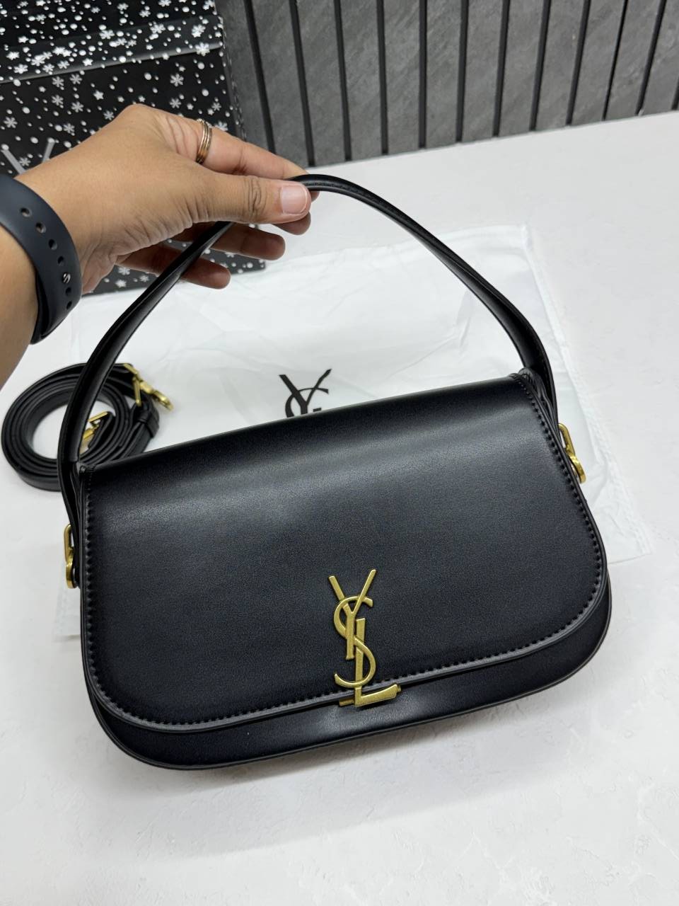 Ysl Voltaire 8868 Black-Gold Shoulder Crossbody Bag With Original Box