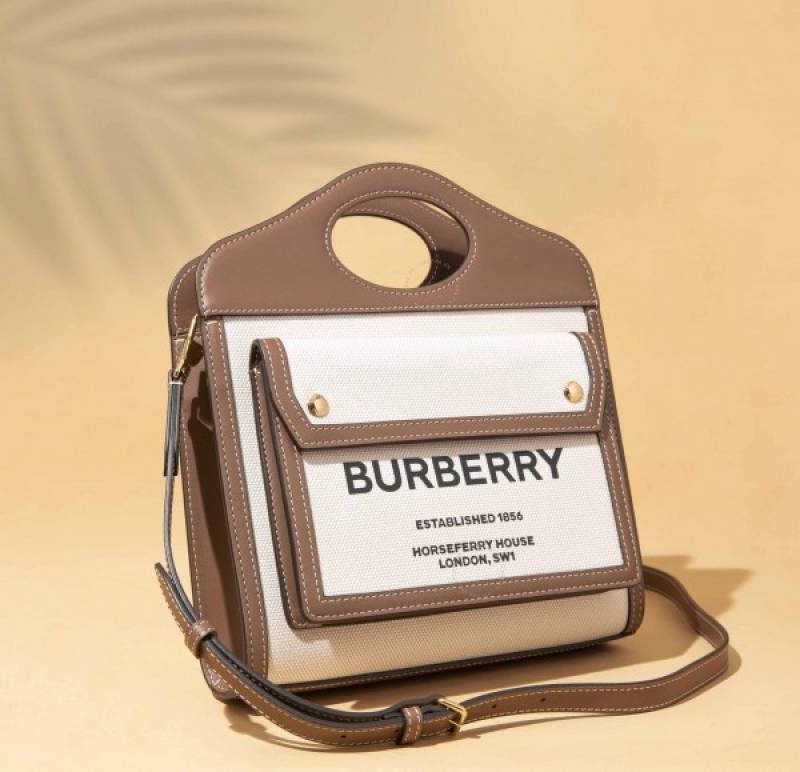 Burbberry Two Tone Canvas and Leather Pocket Premium Quality Bag With OG Box & Dust Bag (Brown - 228)
