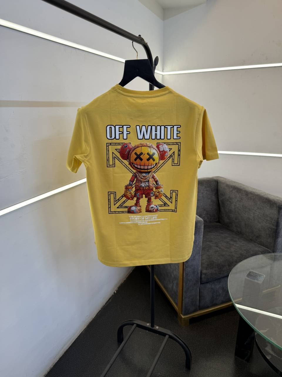 Of white Imported round neck tshirt with front and back print yellow