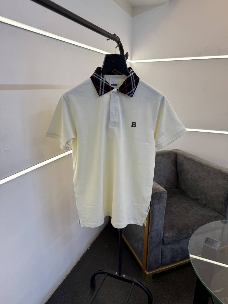 Burbery cream self knitted polo tshirt with multi collar and chest logo