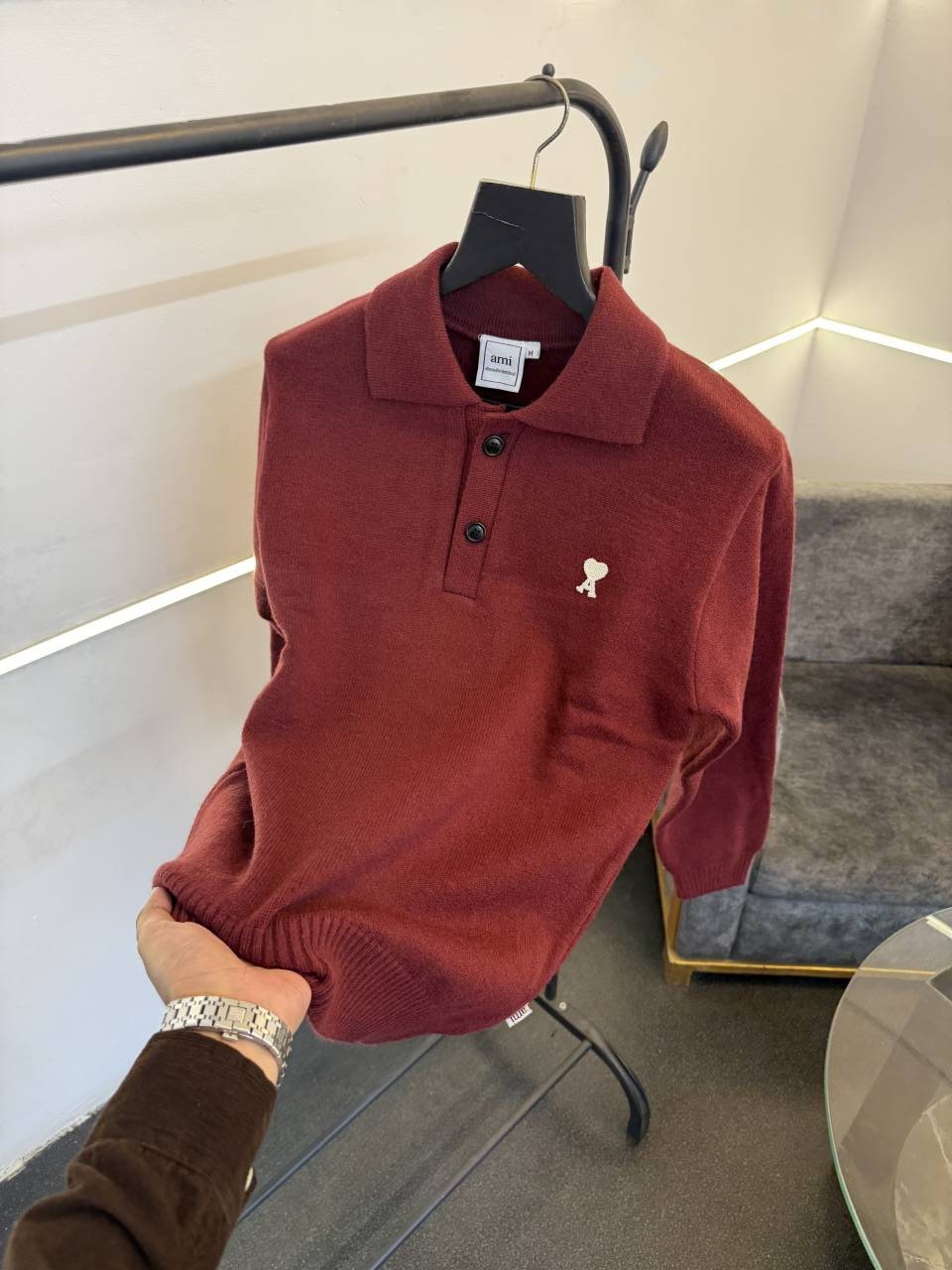 Ami imported knitted collared sweatshirt with brand button maroon