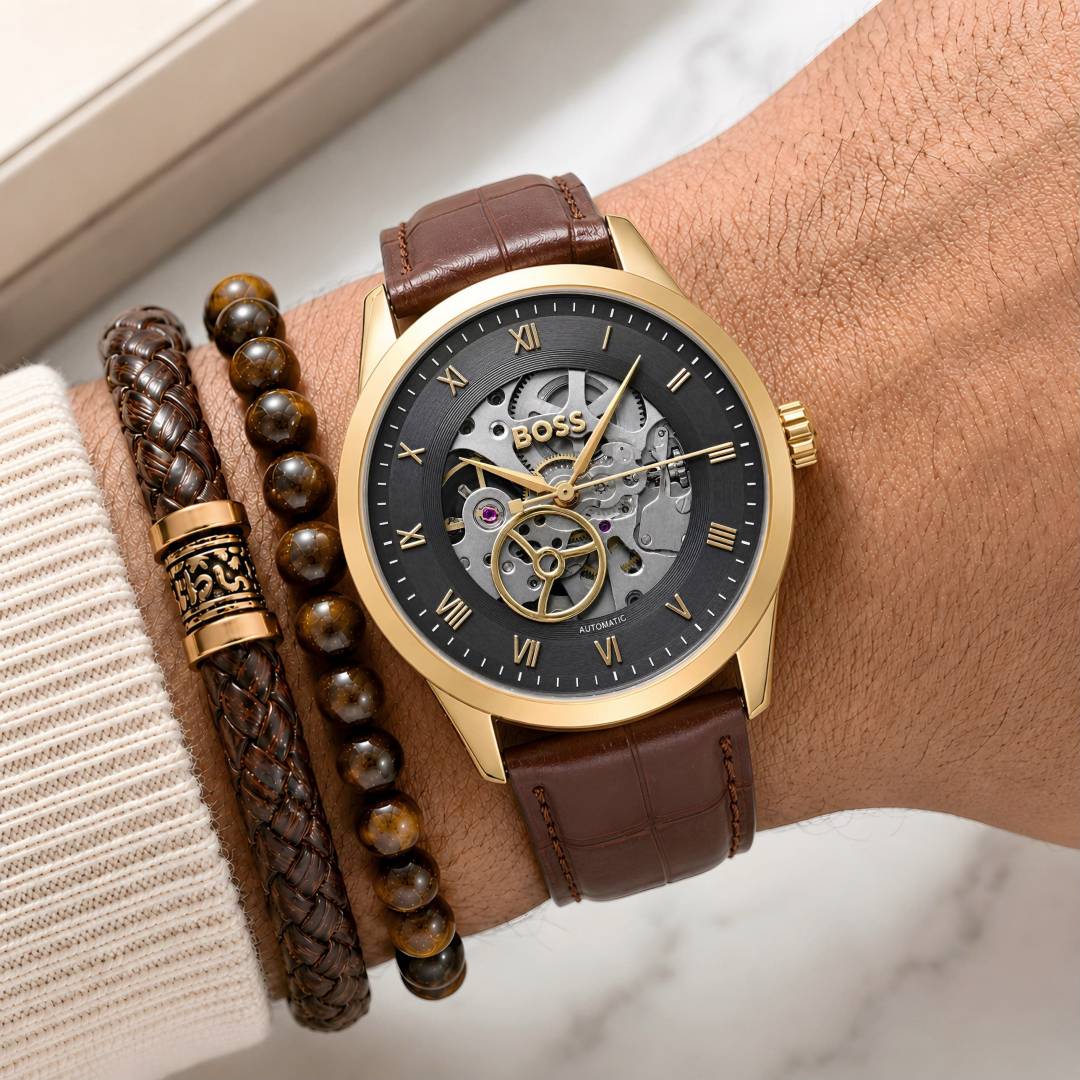 BOSS Principle Skeleton Mens Automatic Brown gold