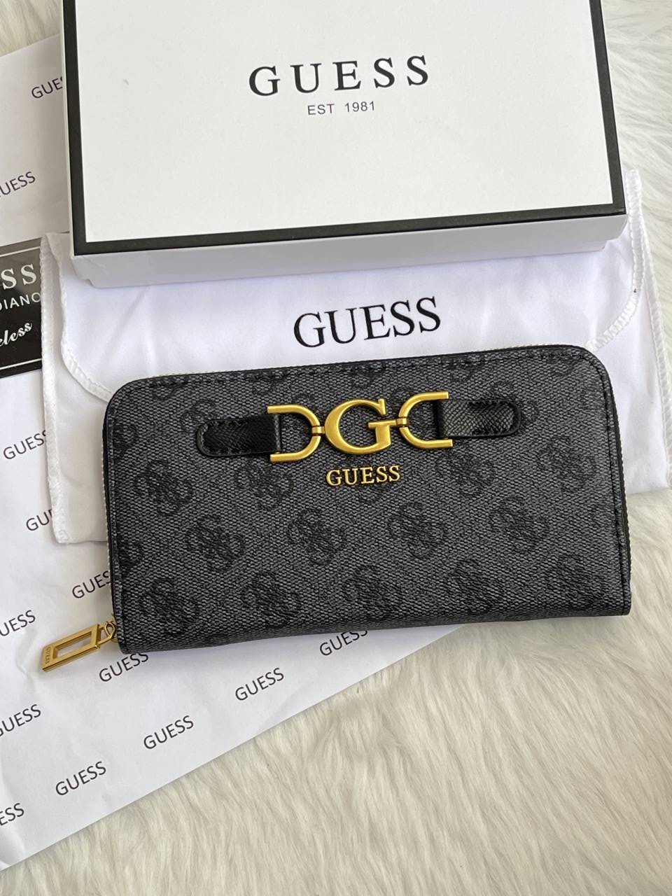 Guess 001 Gray Long Zippy Wallet With Original Box Dust Cover Card & Brand Packaging