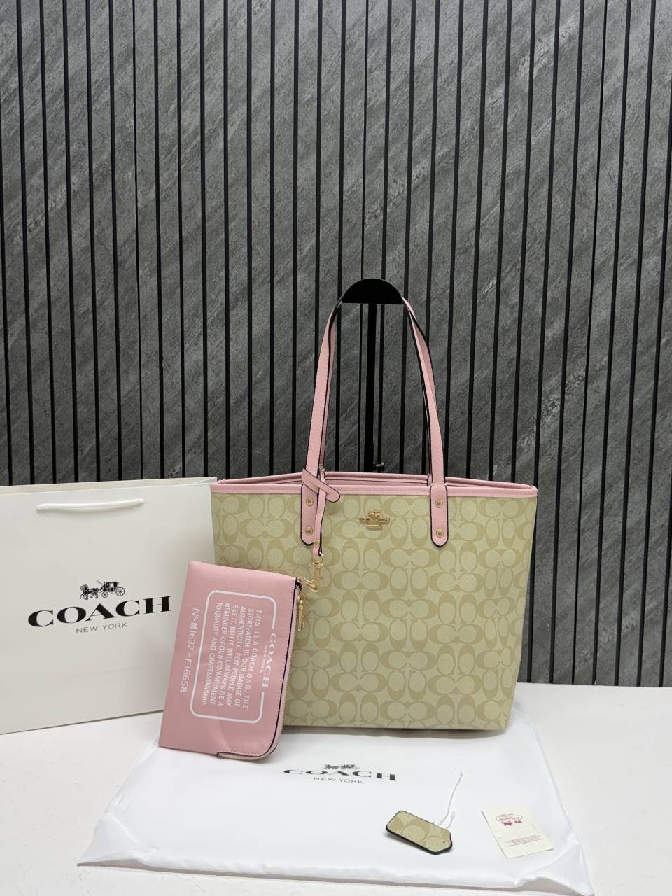 Coacch CB 01 Beige-Pink Reversible City Tote With Wallet CarryBag & Original DustCover