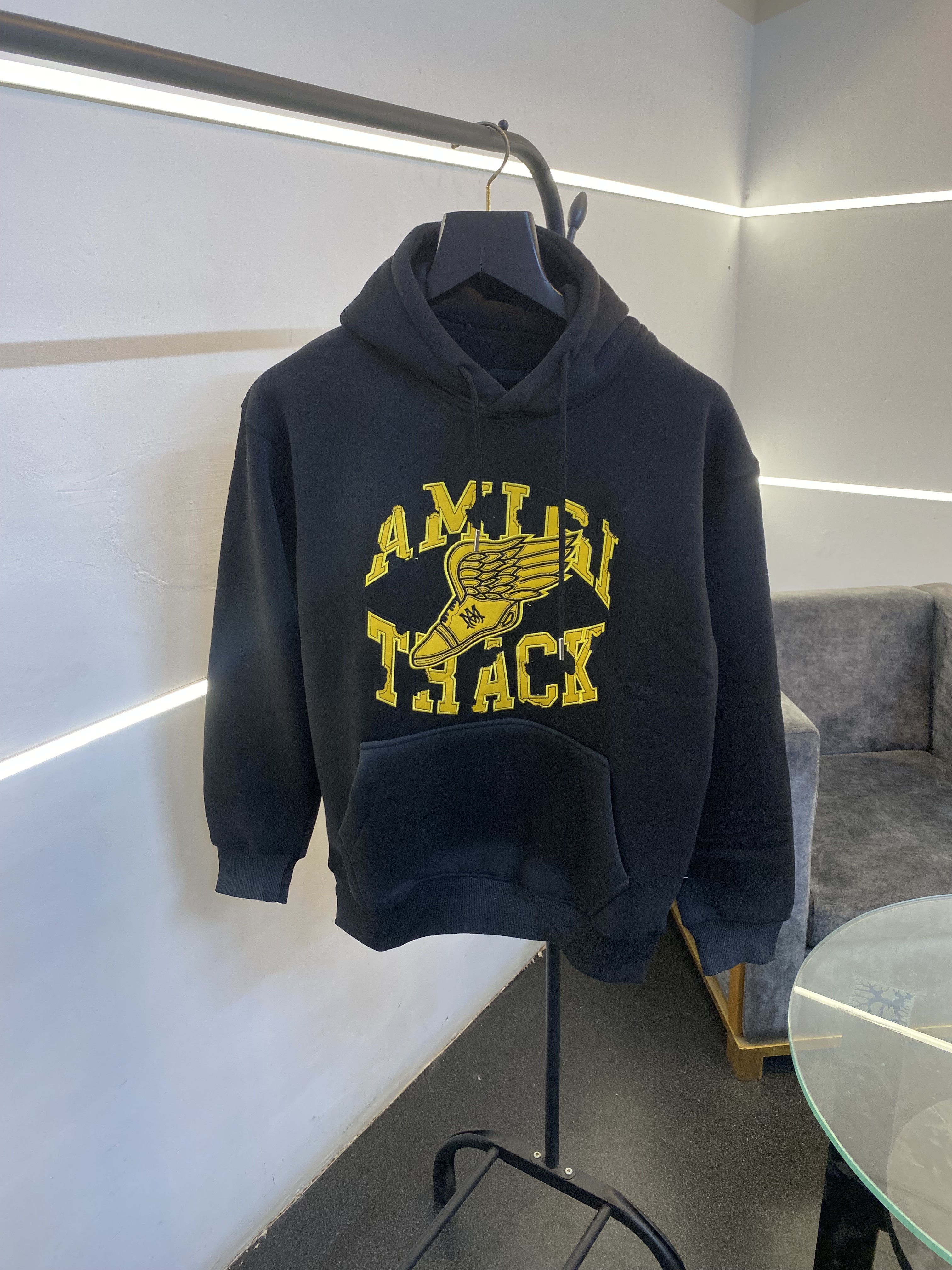 Ameeri heavy gsm fleece fabric hoody sweatshirt with ameeri applique embroidery work with shaded spray work as original black