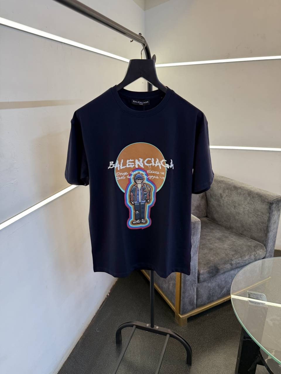 Balenciagahpatch man logo with premium printing oversize drop shoulder tshirt navy blue sale