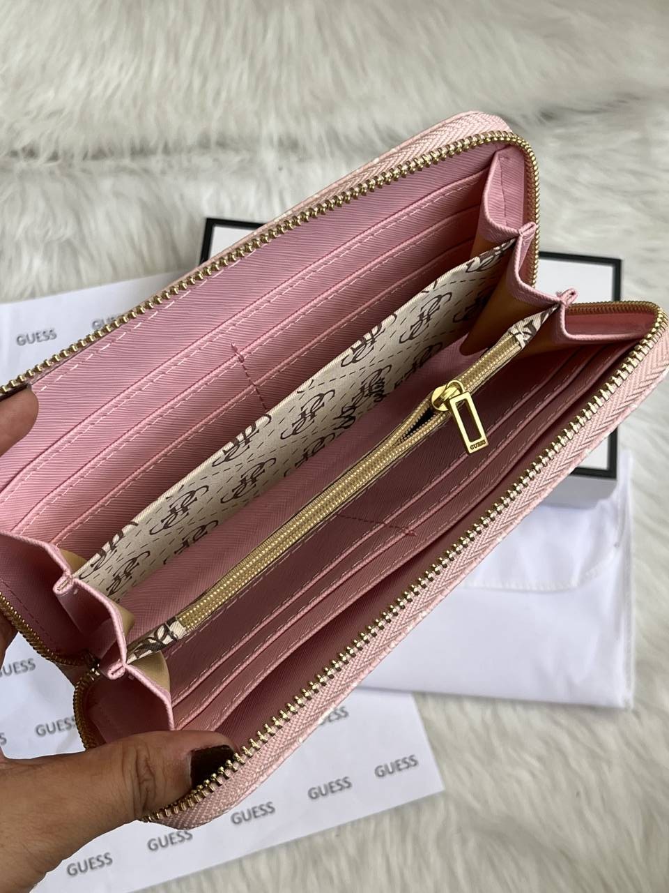 Guess 001 Light Pink Long Zippy Wallet With Original Box Dust Cover Card & Brand Packaging