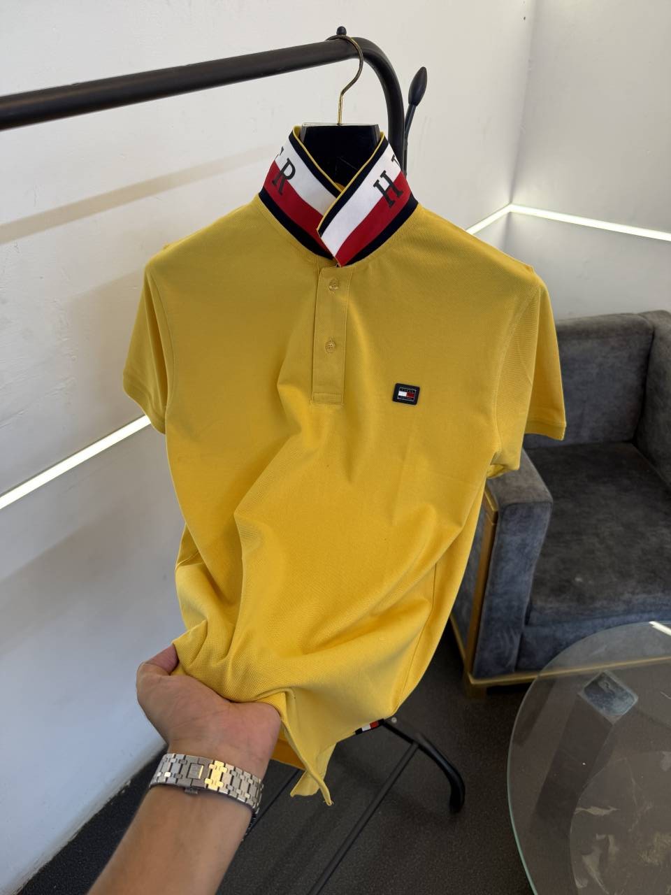 Tommy hilfigar steel logo matty cotton imported polo tshirt with brand collar yellow