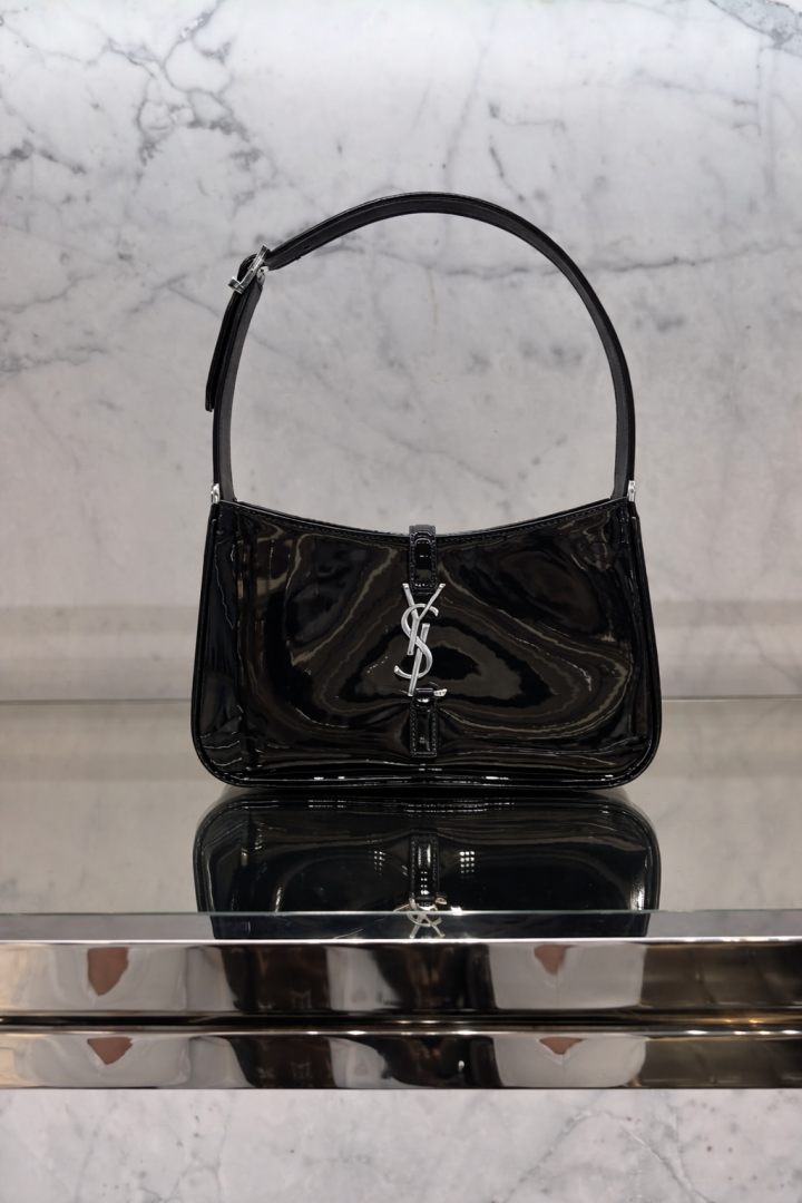 Ysl Hobo Patent Leather Black-Silver Top Zip Shoulder Bag With OriginalBox