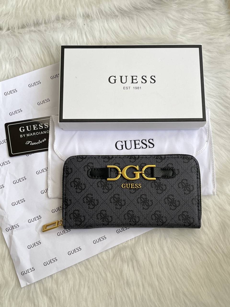 Guess 001 Gray Long Zippy Wallet With Original Box Dust Cover Card & Brand Packaging