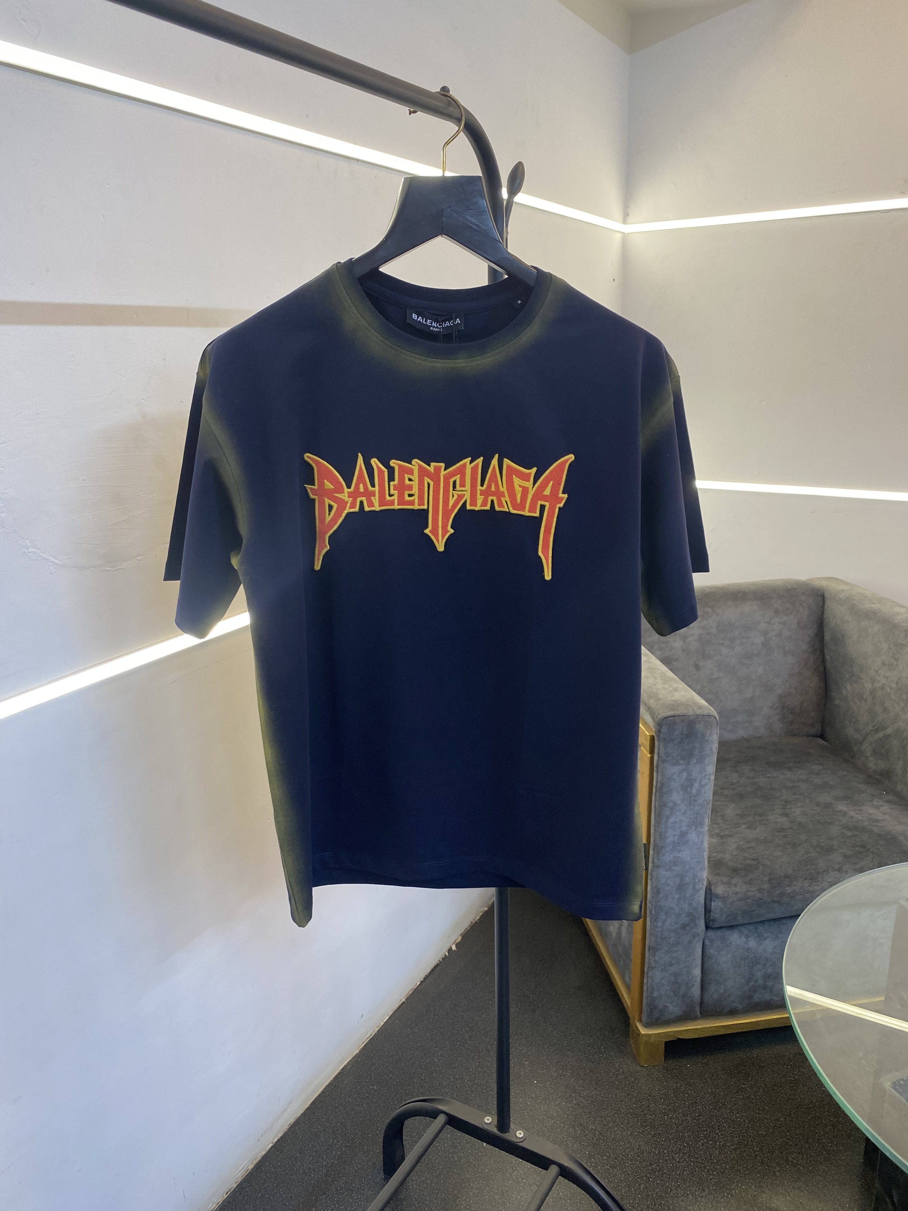 Balenciag a over size spray print with embroidery logo imported tshirt navy blue