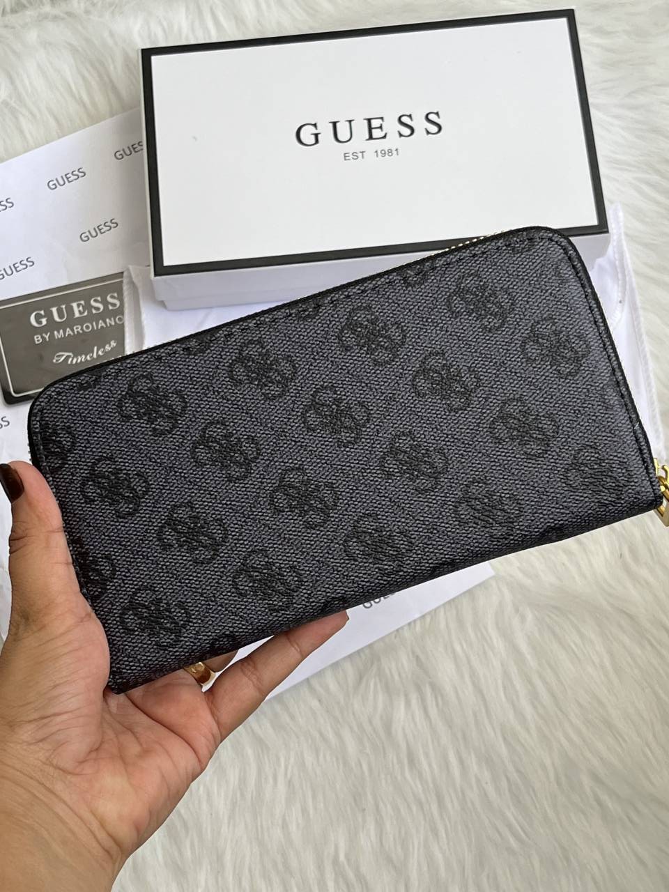 Guess 001 Gray Long Zippy Wallet With Original Box Dust Cover Card & Brand Packaging