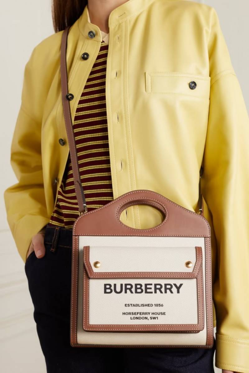 Burbberry Two Tone Canvas and Leather Pocket Premium Quality Bag With OG Box & Dust Bag (Brown - 228)