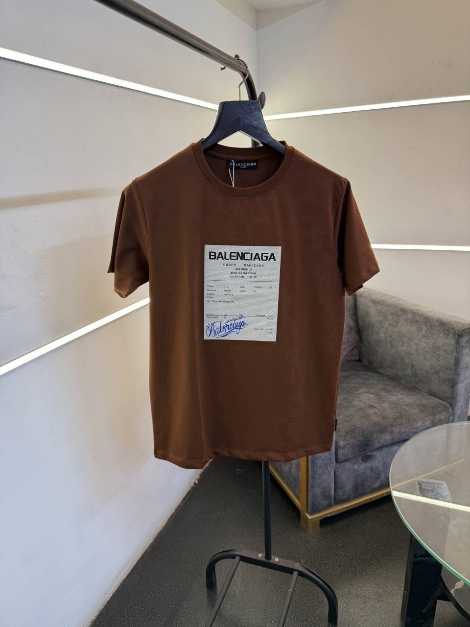Balenciaga brown diamond patch with print imported round neck tshirt sale