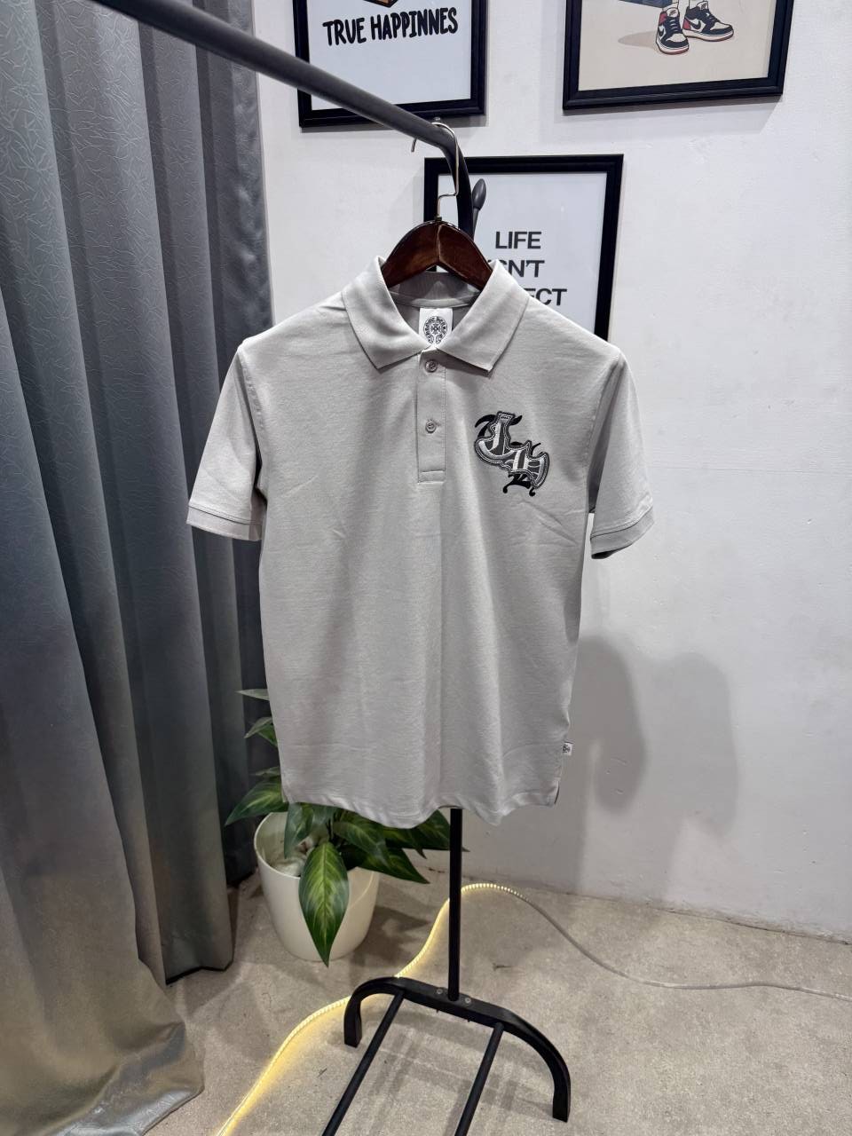 Chrome heart turkey imported polo tshirt with patch and embroidery and brand button grey