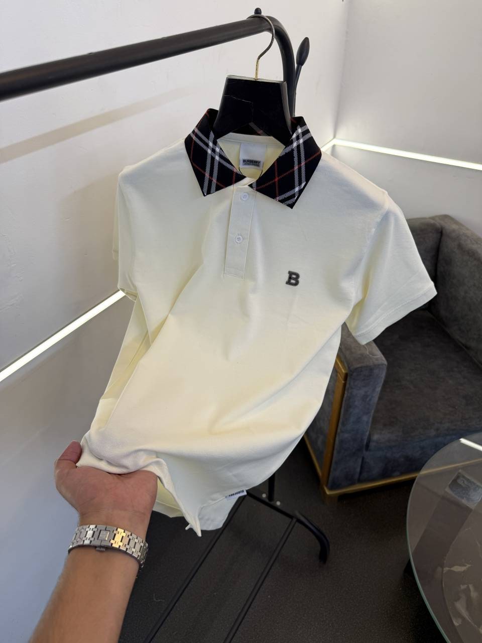 Burbery cream self knitted polo tshirt with multi collar and chest logo