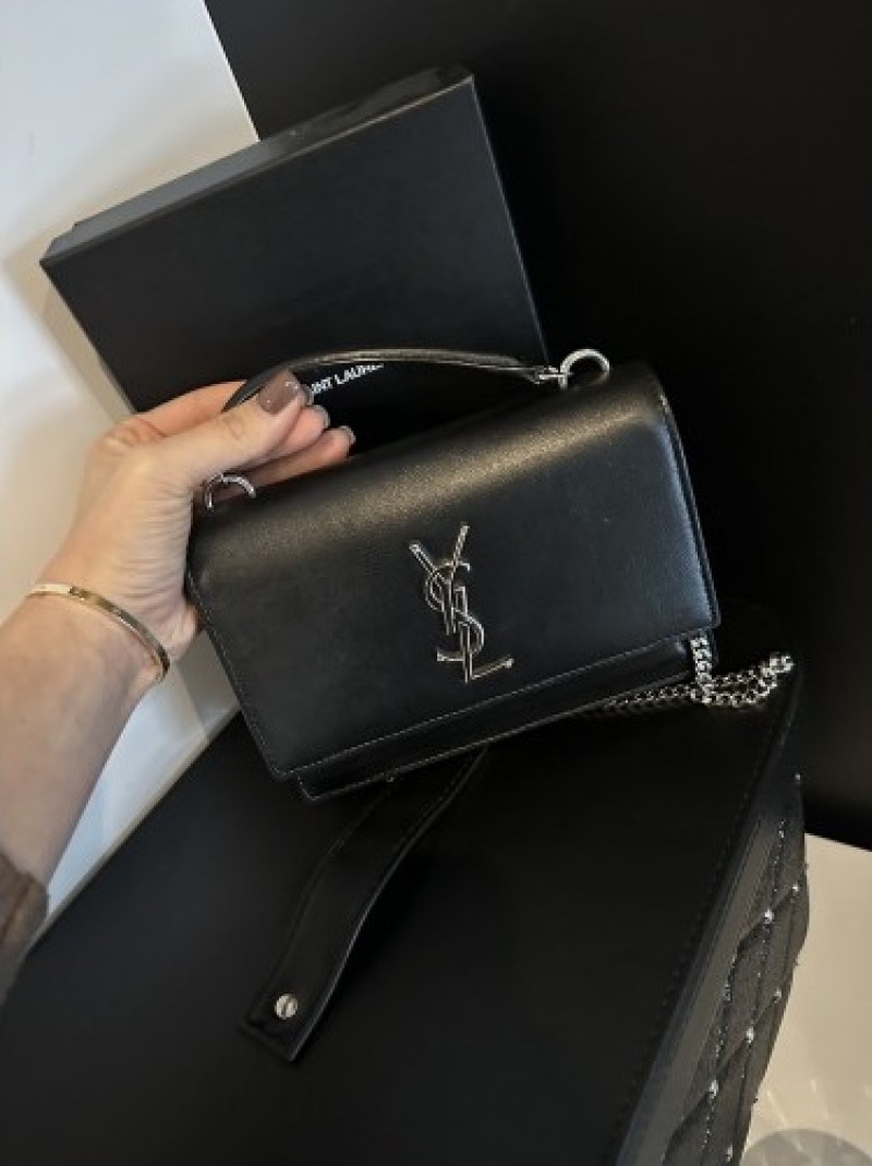YSL Saint Laurent Sunset Premium Shoulder Bag With OG Double Magnetic Box & Dust Bag (Black - Silver - 937)