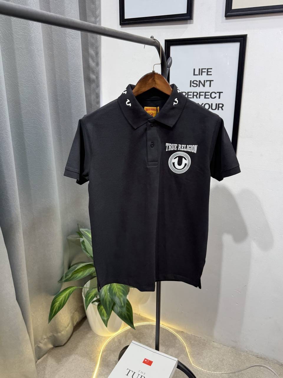 True religion embroidery logo imported polo tshirt black