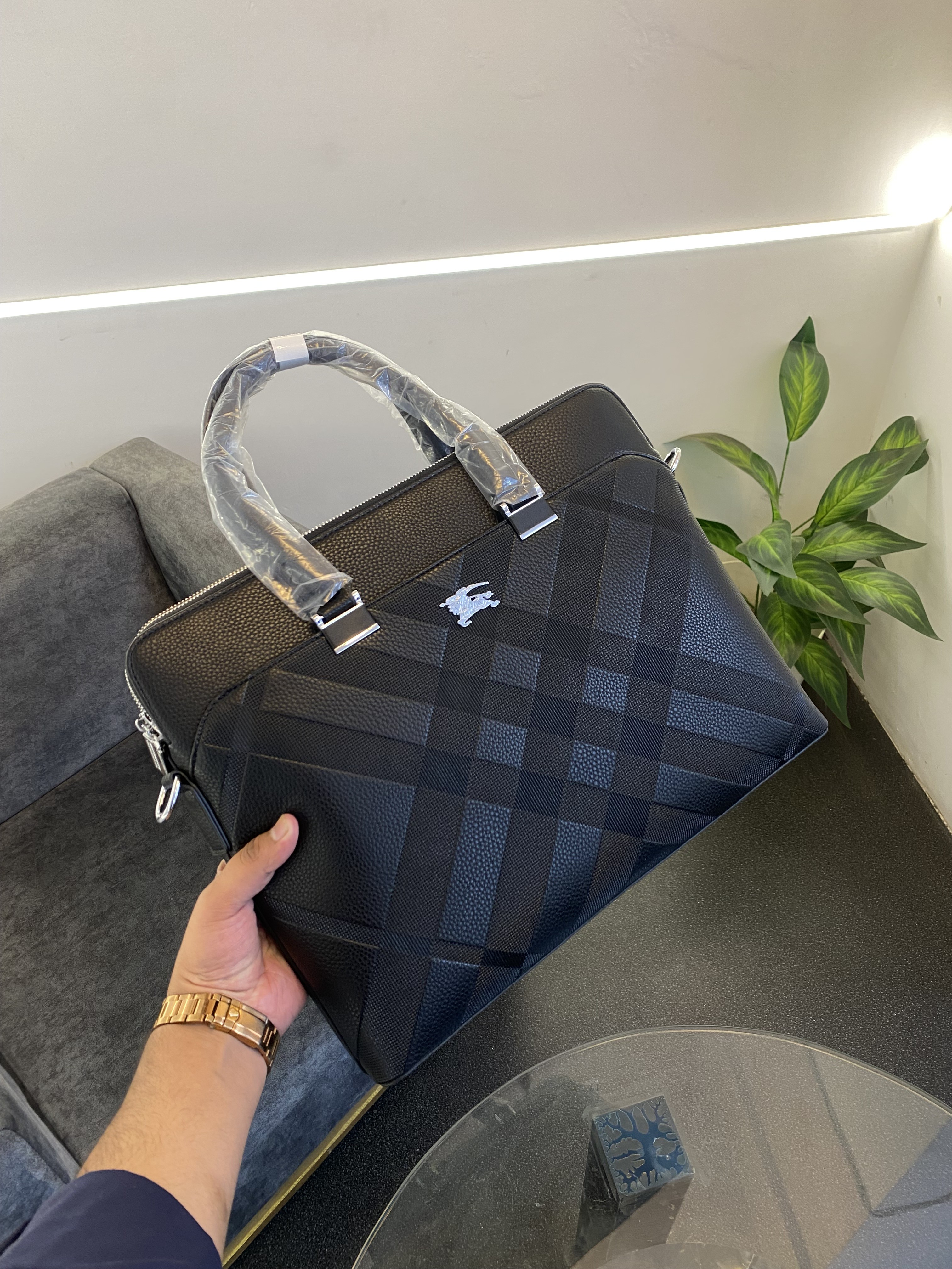 Burbery Imported leather laptop bag with front pocket double zip back zip and strap black