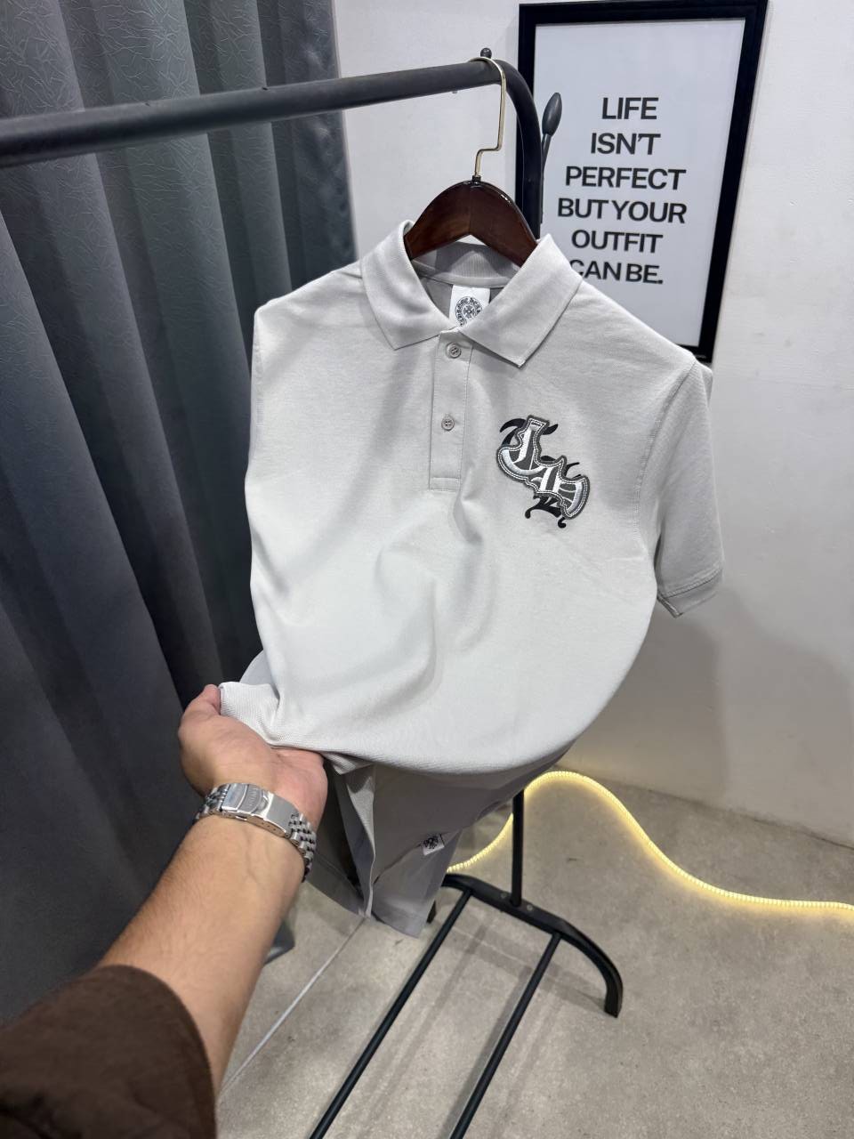 Chrome heart turkey imported polo tshirt with patch and embroidery and brand button grey