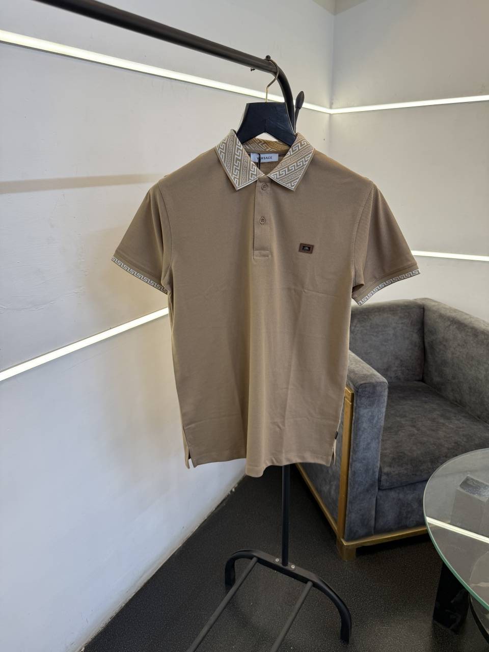 Versace beige imported polo tshirt with brand buttons and knitted collar with sleeves