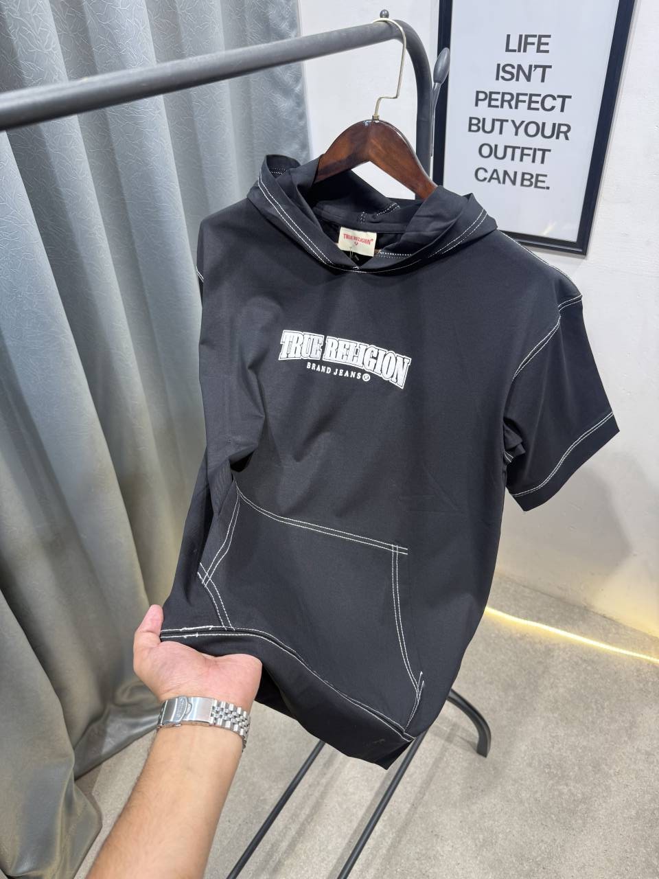 True religion drop shoulder hooded imported tshirt black