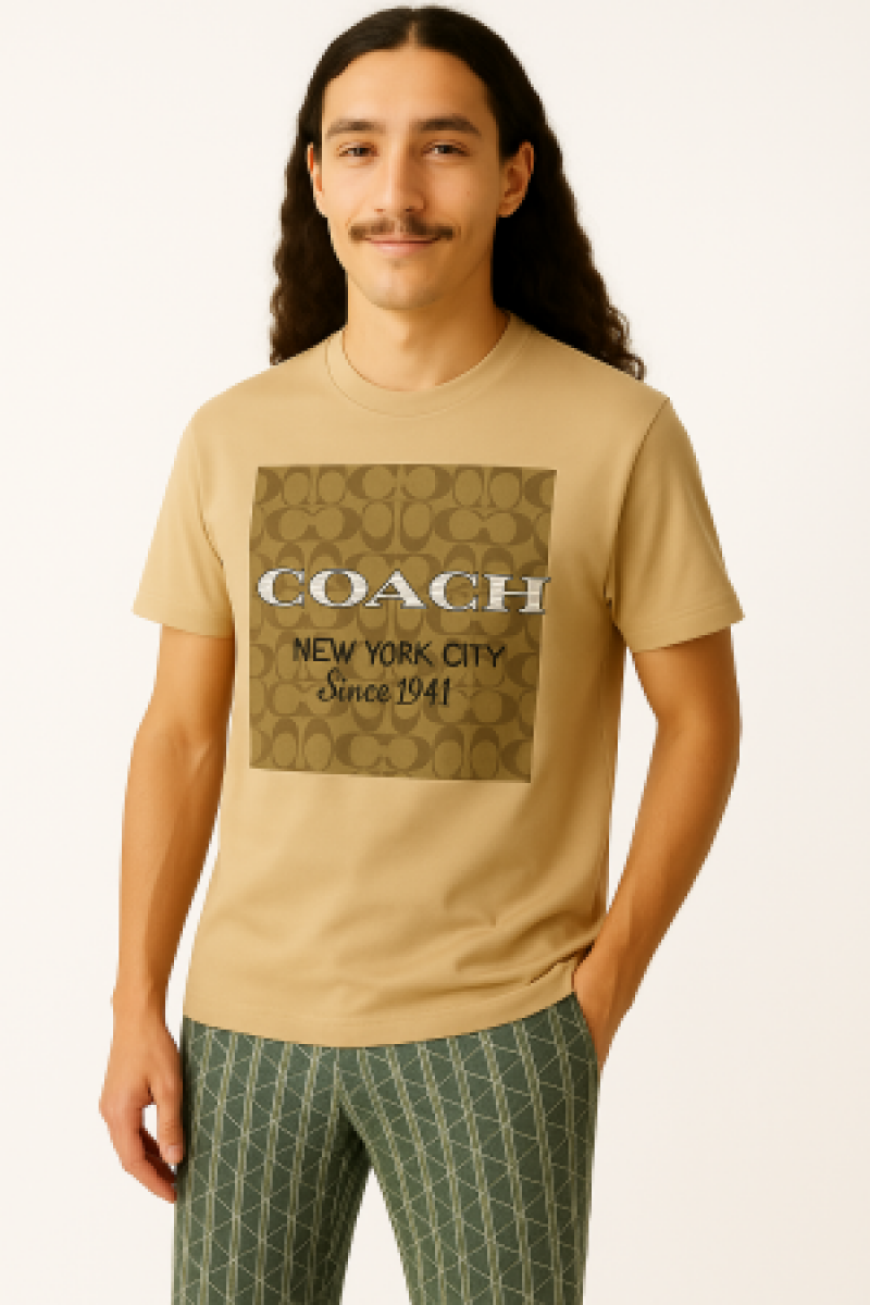 Sale Coatch Middle Brand Logo Round Neck T-shirt Coffee