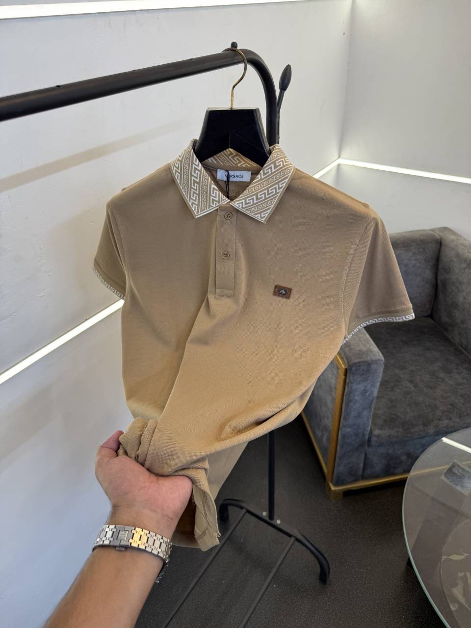 Versace beige imported polo tshirt with brand buttons and knitted collar with sleeves