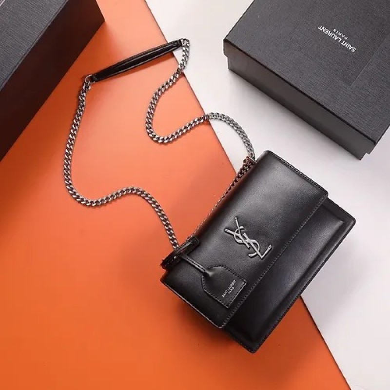 YSL Saint Laurent Sunset Premium Shoulder Bag With OG Double Magnetic Box & Dust Bag (Black - Silver - 937)