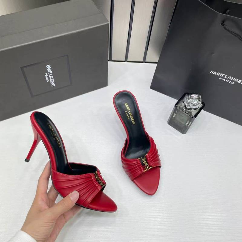 Ysl Saint Laurent Babylone Red Stiletto Mules Gold-tone Cassandre logo Detail With OG Box & Carry Bag A1 Red