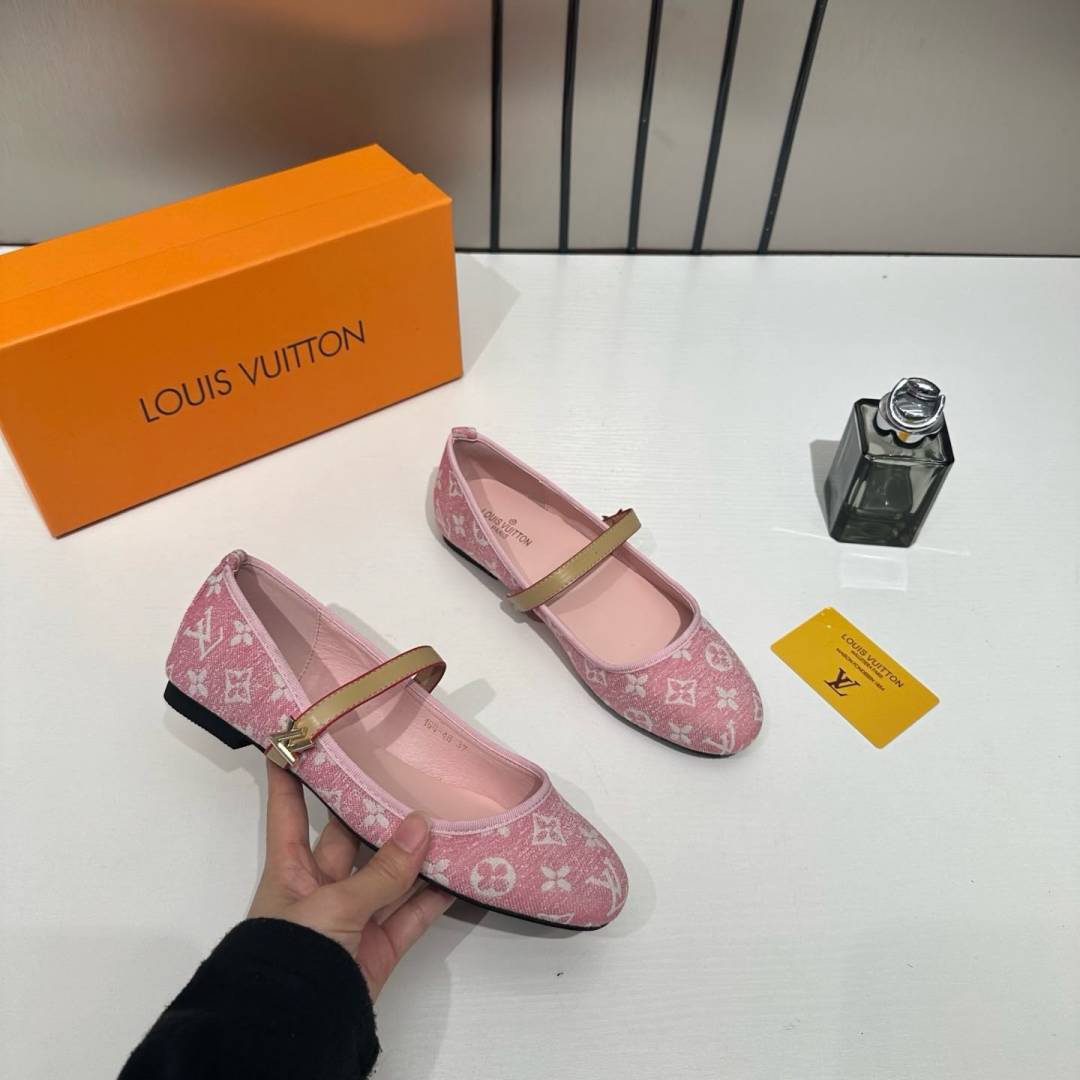 Louis Vuitton Romy Ballerina Pink Monogram Denim Ballet Cross-Strap With OG Box & Carry Bag 166-46 Pink video