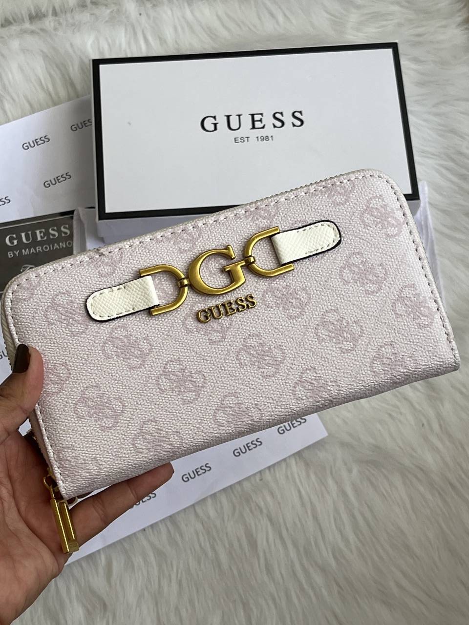 Guess 001 Light Purple Long Zippy Wallet With Original Box Dust Cover Card & Brand Packaging