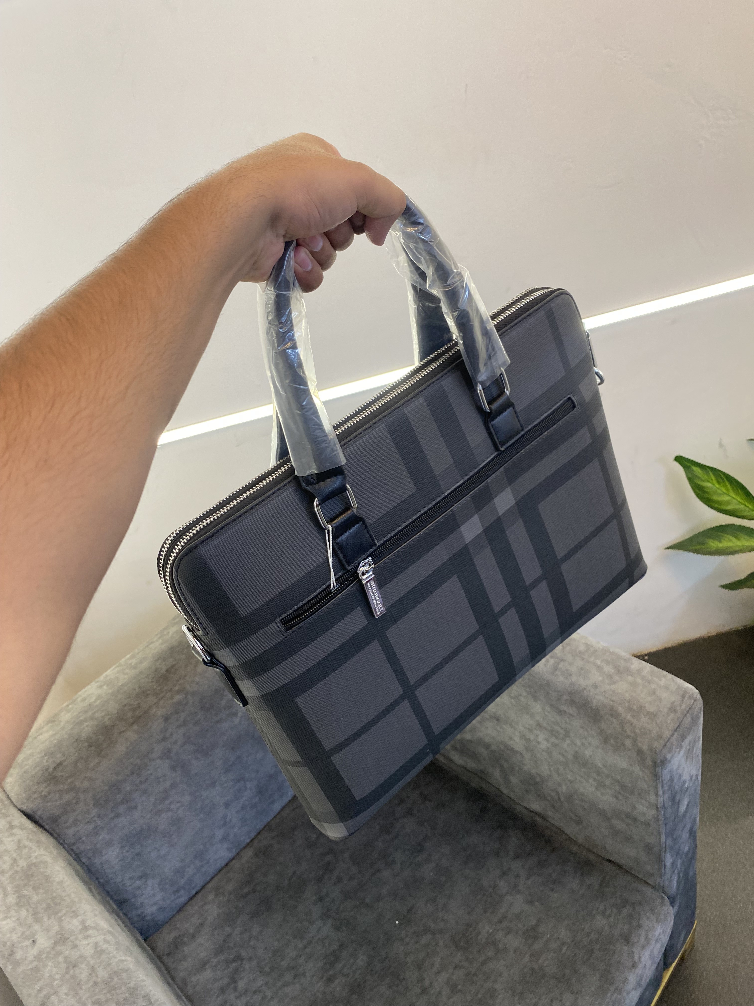 Burbery checks laptop bag with steel logo and starp grey black