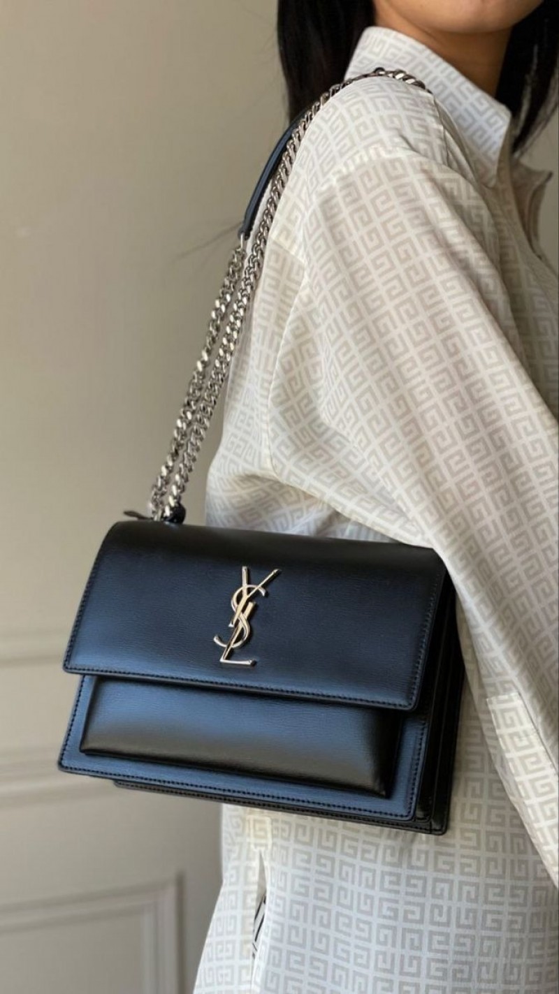 YSL Saint Laurent Sunset Premium Shoulder Bag With OG Double Magnetic Box & Dust Bag (Black - Silver - 937)