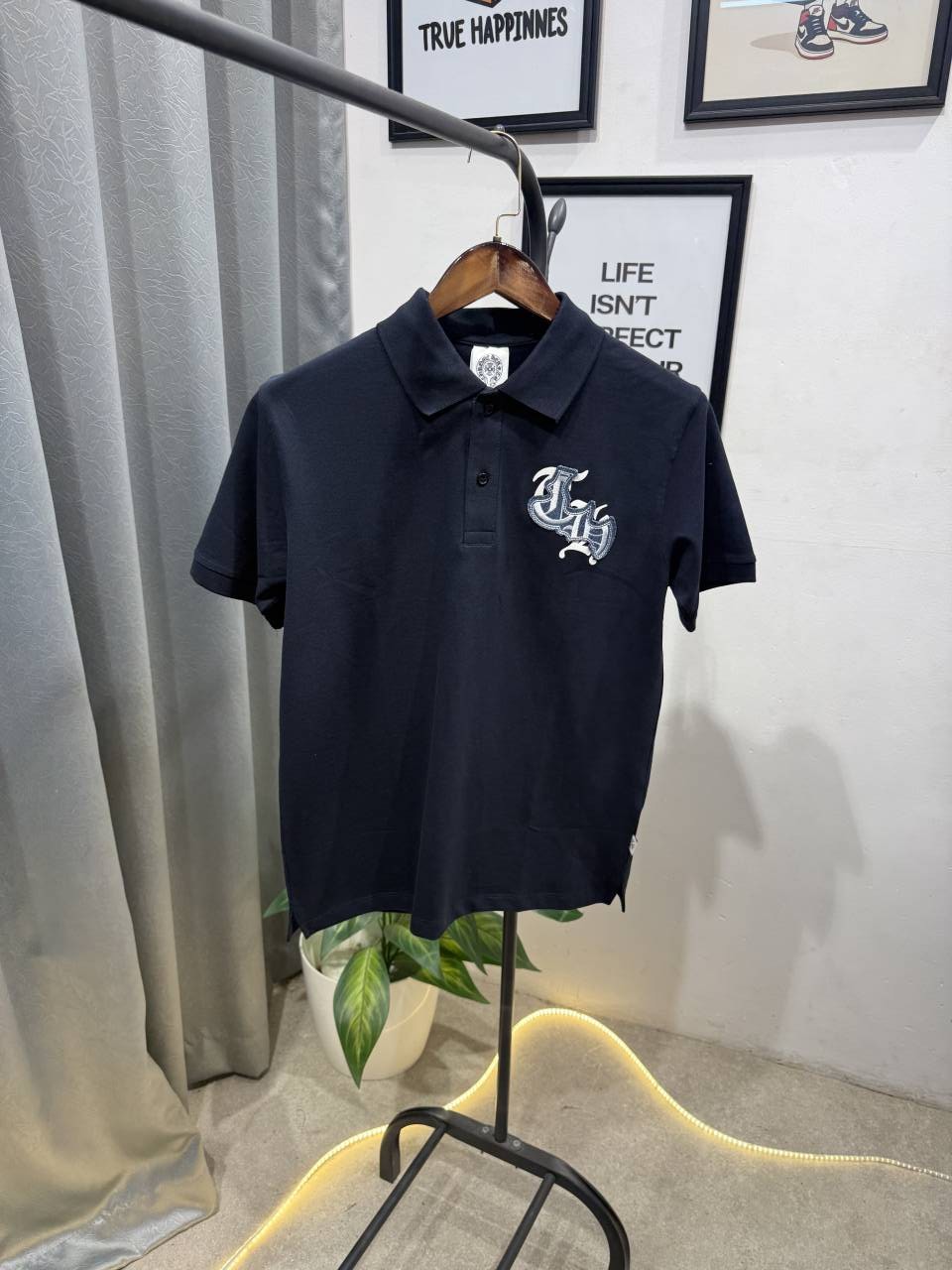Chrome heart turkey imported polo tshirt with patch and embroidery and brand button navy blue