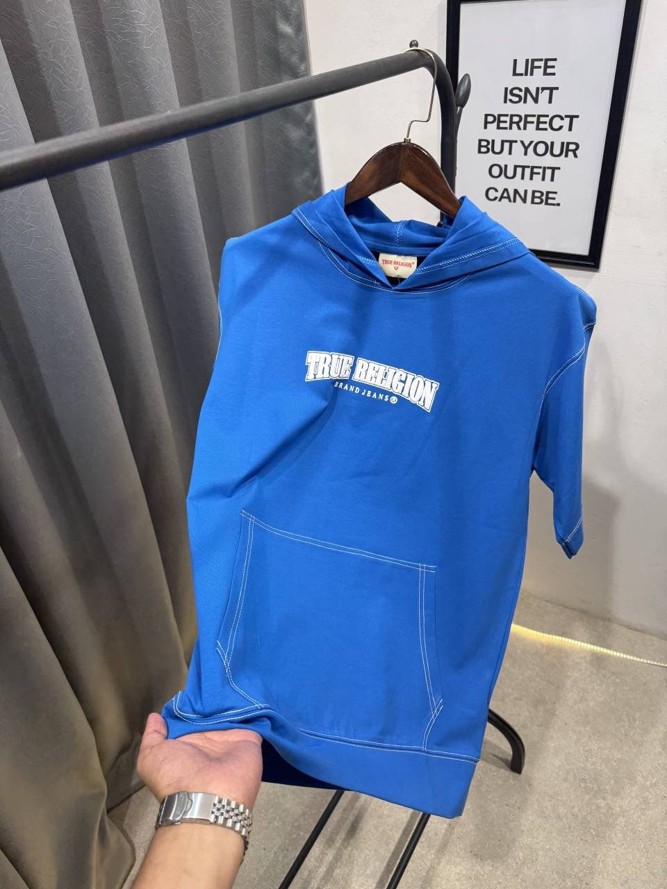 True religion drop shoulder hooded imported tshirt blue