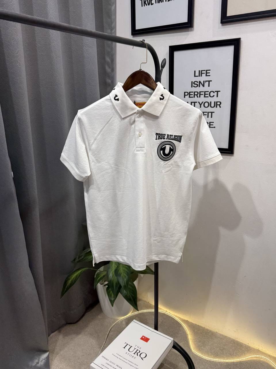 True religion embroidery logo imported polo tshirt white