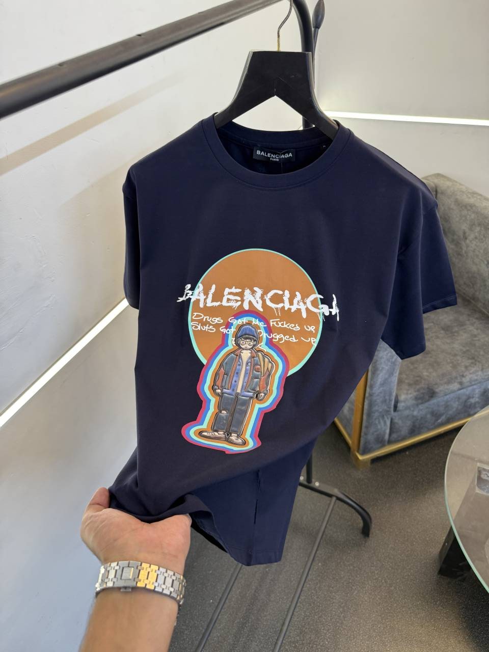 Balenciagahpatch man logo with premium printing oversize drop shoulder tshirt navy blue sale