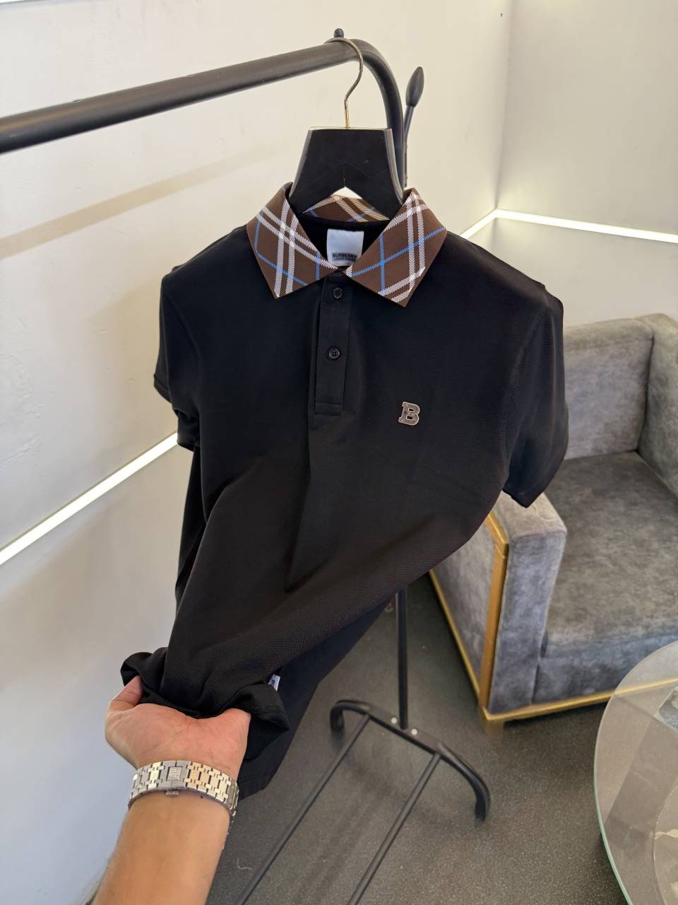 Burbery black self knitted polo tshirt with multi collar and chest logo