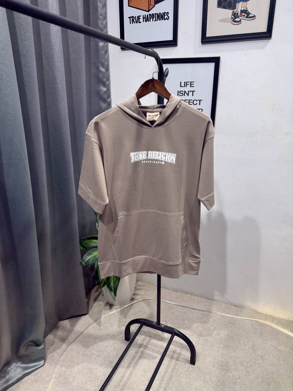 True religion drop shoulder hooded imported tshirt beige