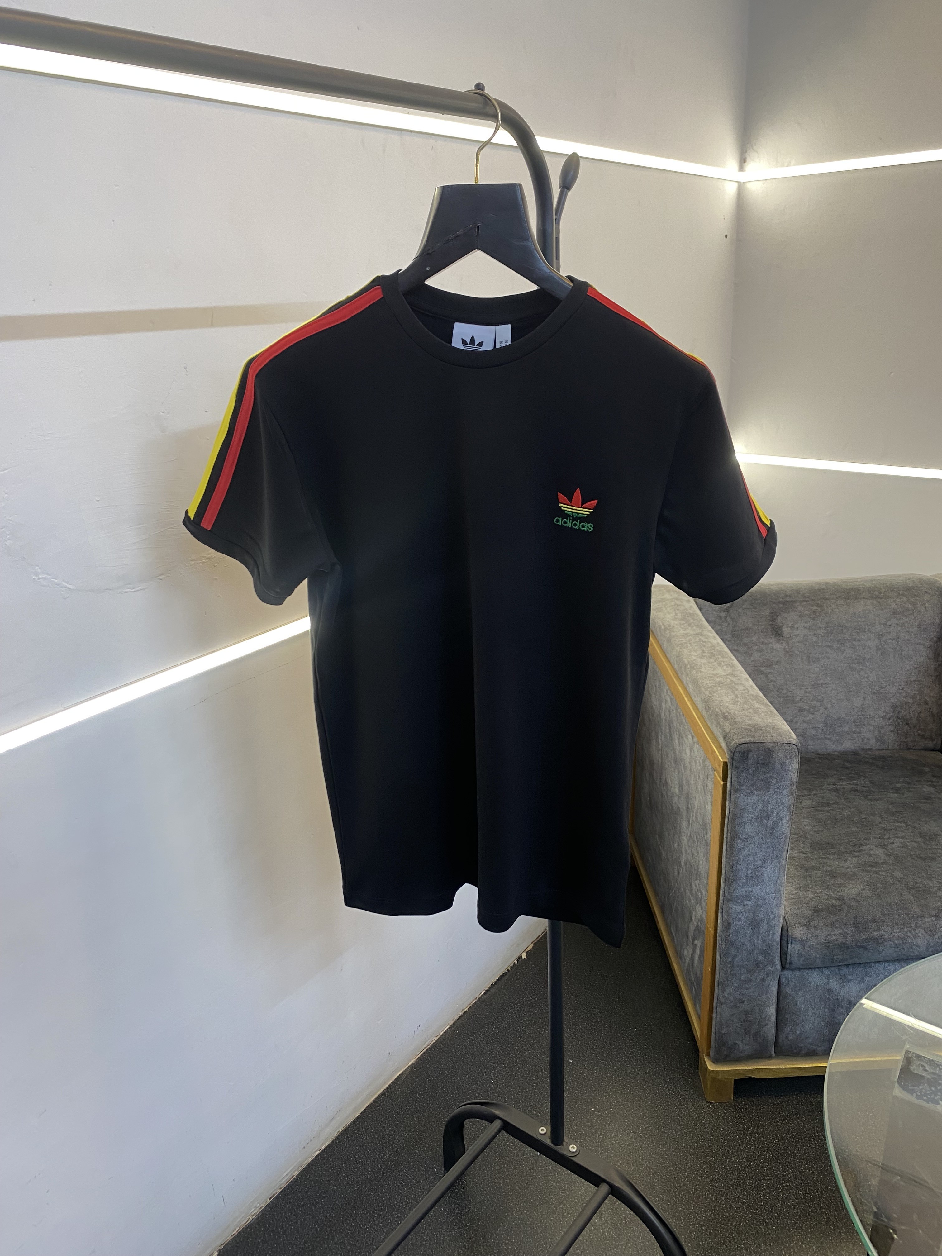 Adiddas round neck imported tshirt with strips and embroidery logo