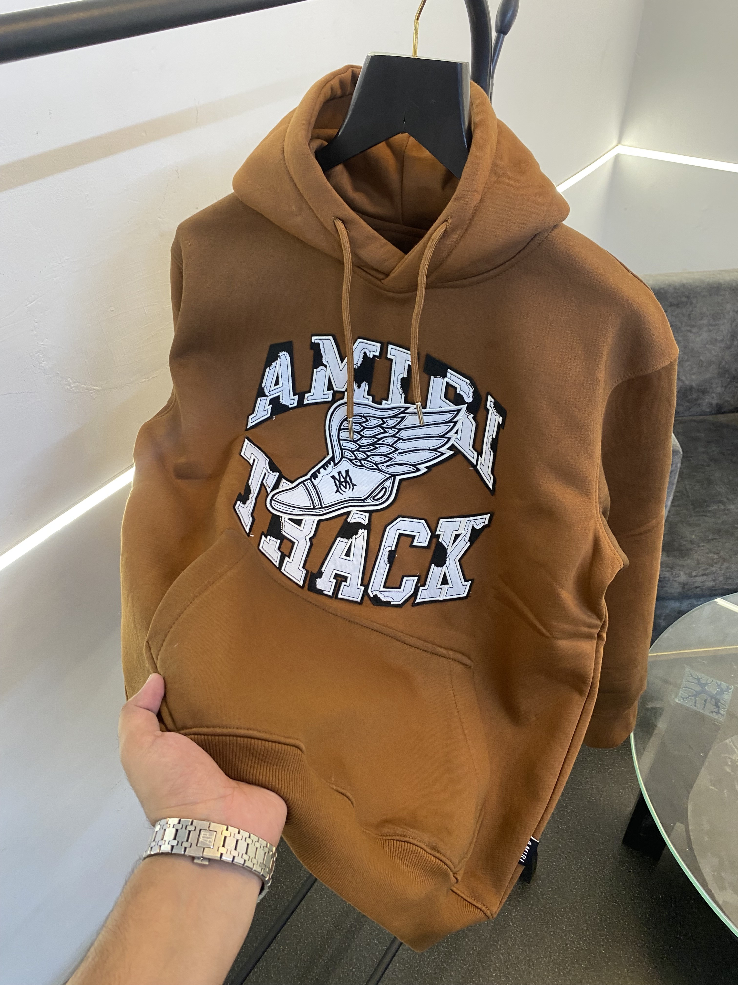 Ameeri heavy gsm fleece fabric hoody sweatshirt with ameeri applique embroidery work with shaded spray work as original brown