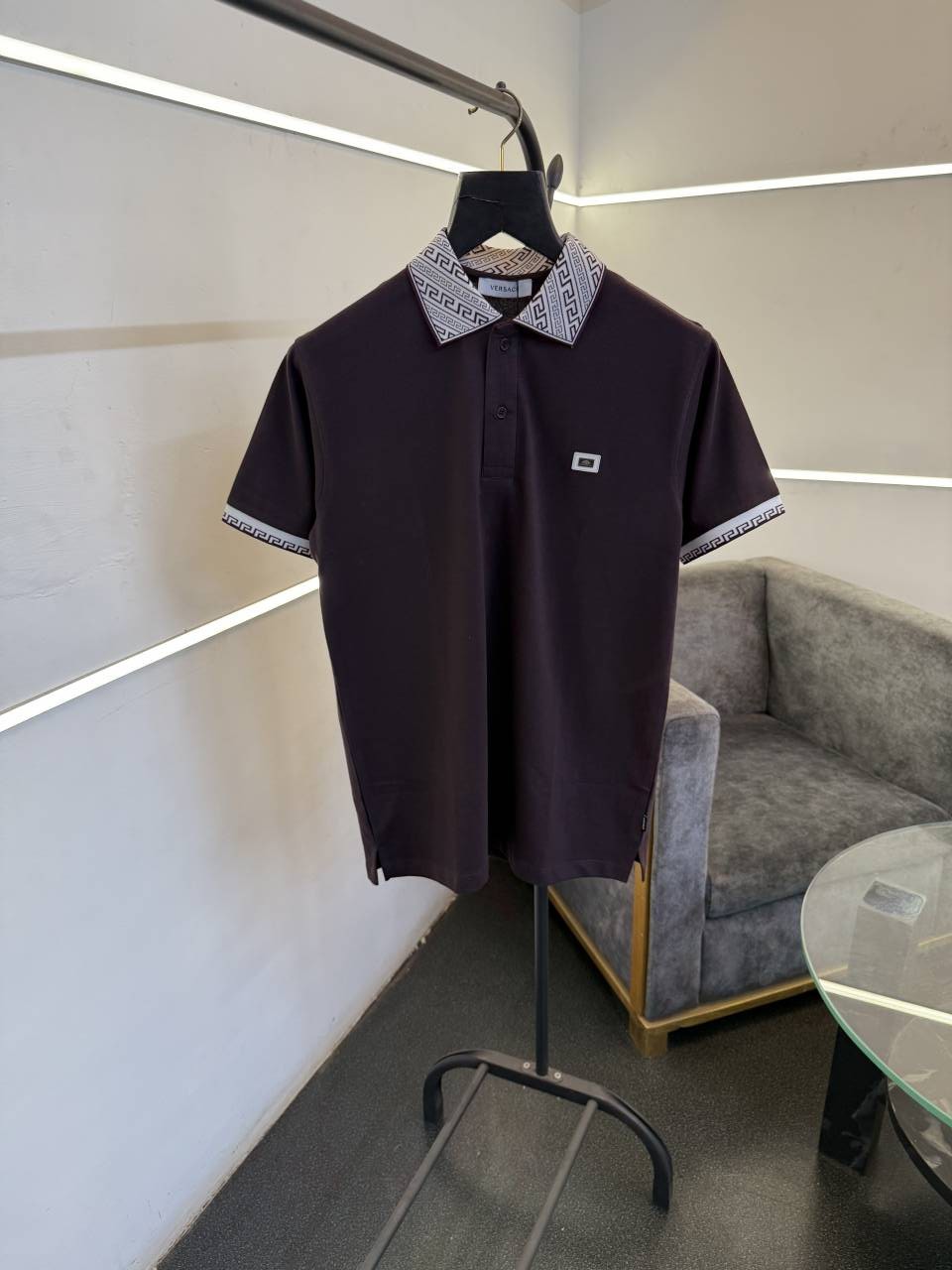 Versace wine imported polo tshirt with brand buttons and knitted collar with sleeves